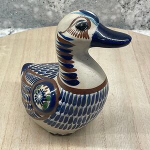 Vintage Hand Painted Tonala Mexico Pottery Duck Bird Blue Green Flowers